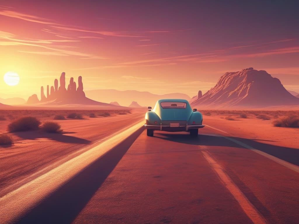 retro-futuristic desert highway at sunset, a lone car, cinematic sci-fi concept art