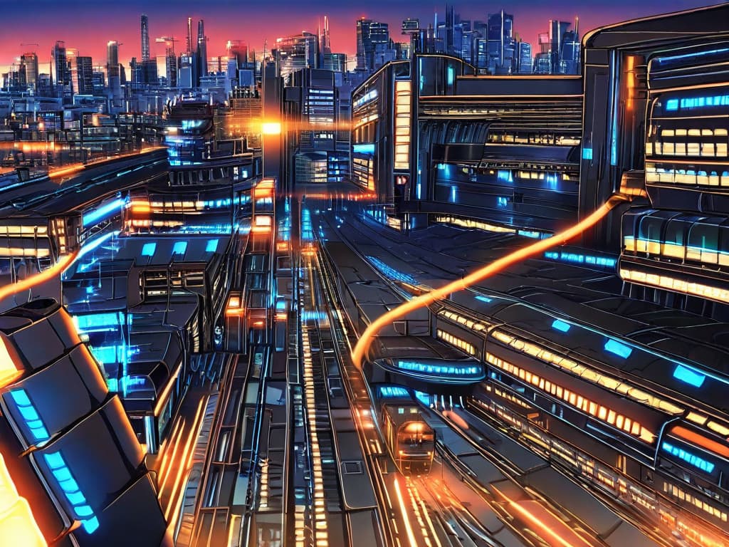 anime cityscape at dusk, glowing windows and train lines, atmospheric, detailed background