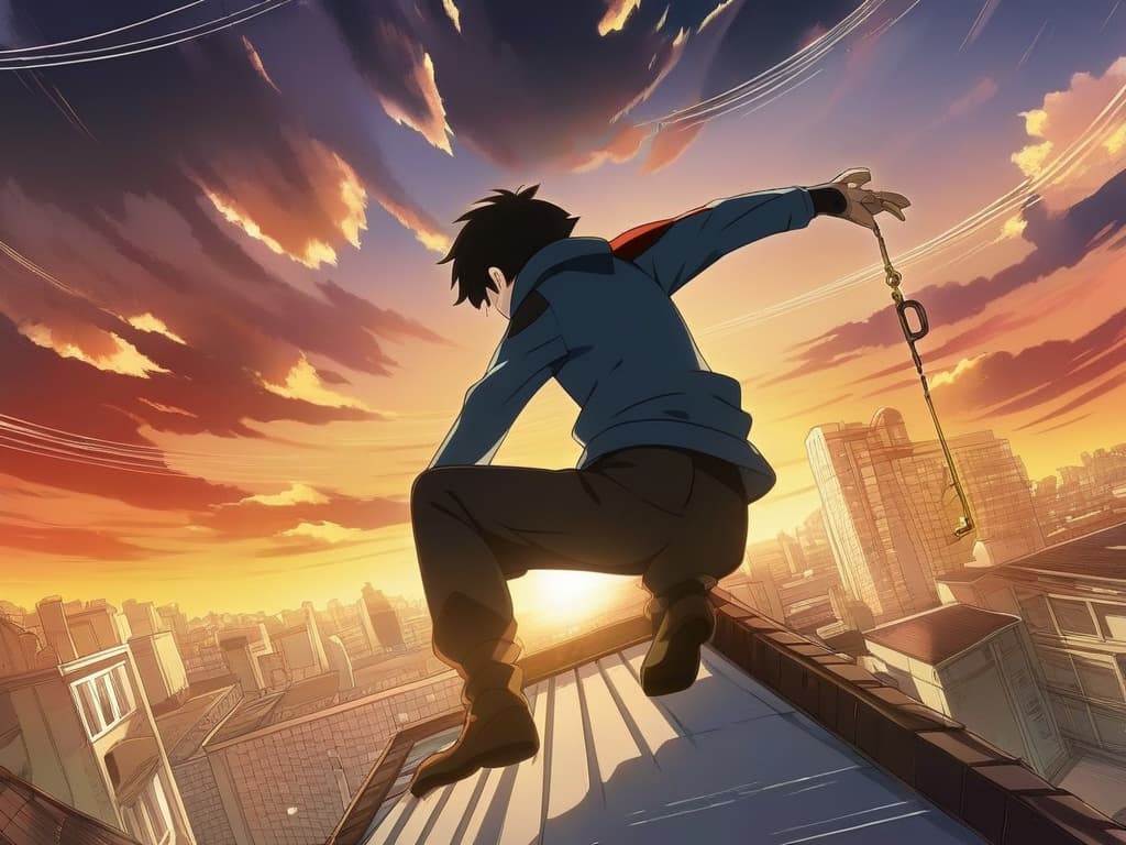 anime key visual, a young hero on a rooftop at sunset, dynamic composition, crisp lineart, studio quality