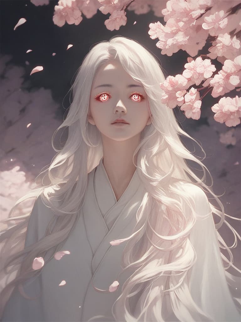score_9, score_8_up, score_7_up, anime illustration of a girl with long flowing hair under cherry blossoms, soft cel shading, detailed eyes, vibrant