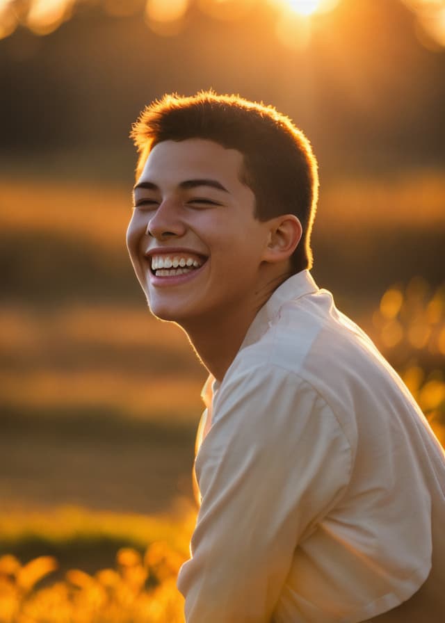 natural candid portrait of a young man laughing, golden-hour backlight, photoreal