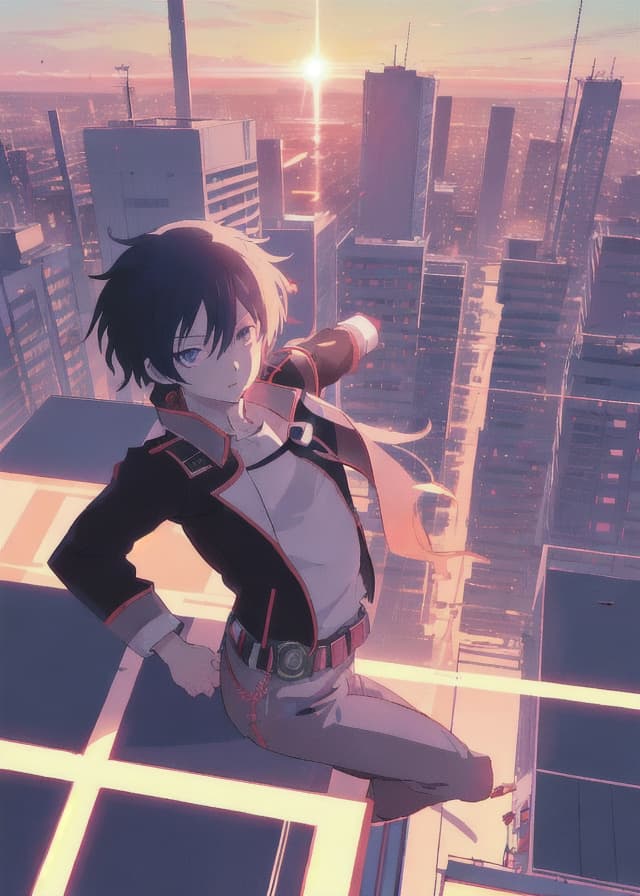 anime key visual, a young hero on a rooftop at sunset, dynamic composition, crisp lineart, studio quality