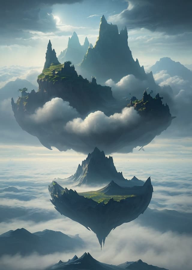 surreal floating islands above a sea of clouds, vivid imaginative concept art, dramatic light