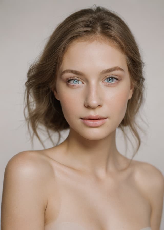 beauty portrait on a clean studio backdrop, soft even light, detailed eyes and skin texture