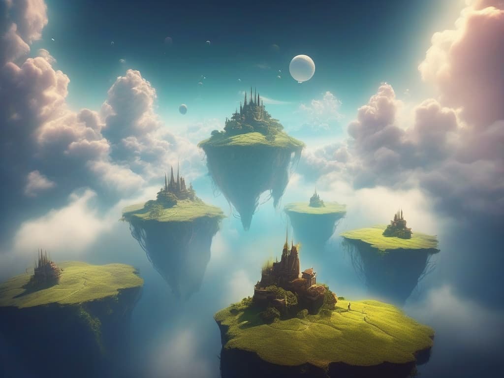 surreal floating islands above a sea of clouds, vivid imaginative concept art, dramatic light