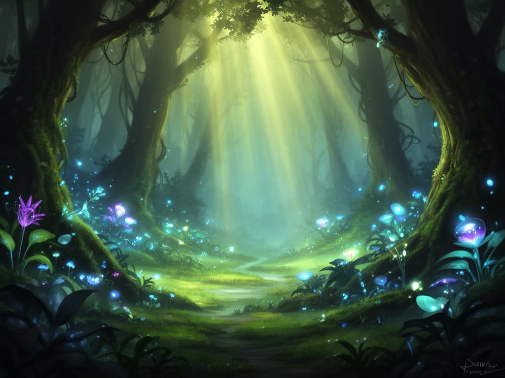 enchanted forest with bioluminescent plants and god rays, lush fantasy concept art