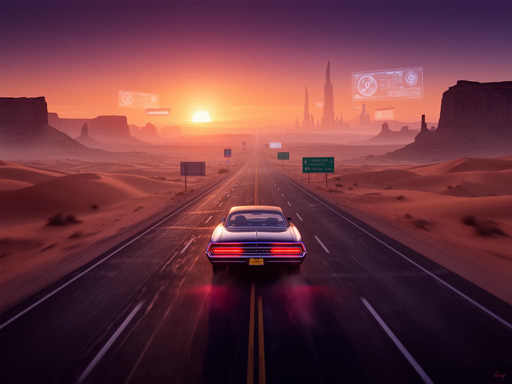 retro-futuristic desert highway at sunset, a lone car, cinematic sci-fi concept art