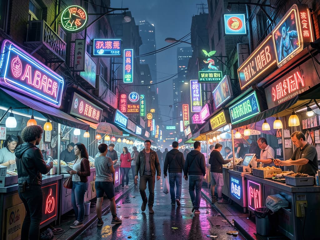 whimsical cyberpunk night market, rich neon detail, atmospheric, highly detailed