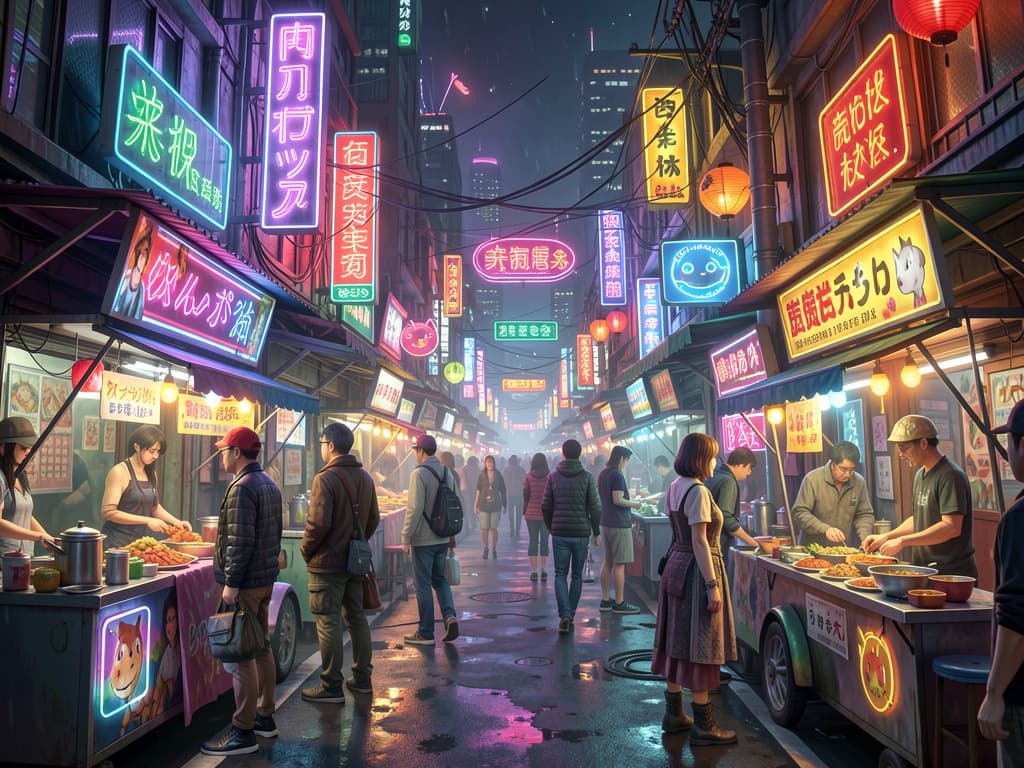 whimsical cyberpunk night market, rich neon detail, atmospheric, highly detailed