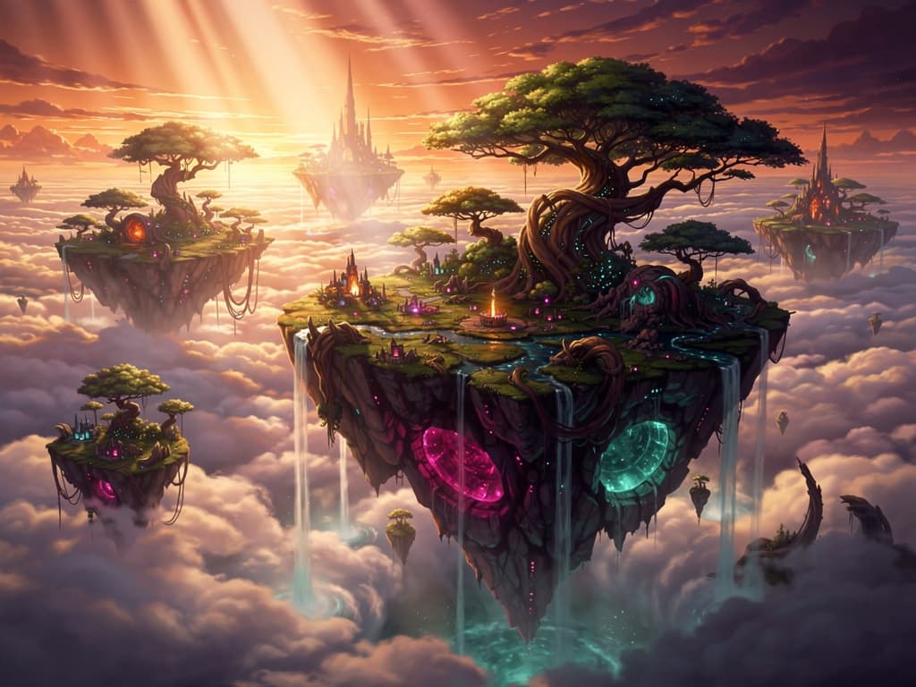 surreal floating islands above a sea of clouds, vivid imaginative concept art, dramatic light