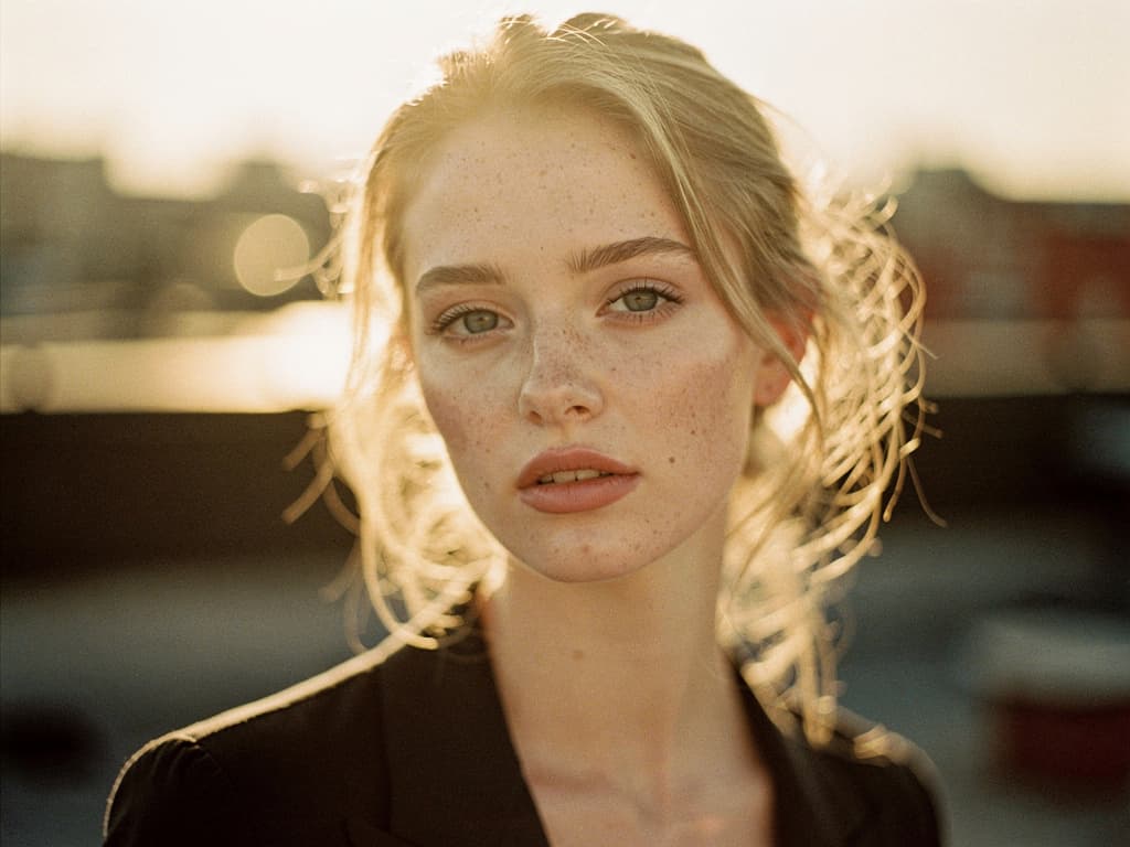 Cinematic editorial portrait of a woman in golden-hour light, 85mm lens, shallow depth of field, natural film grain