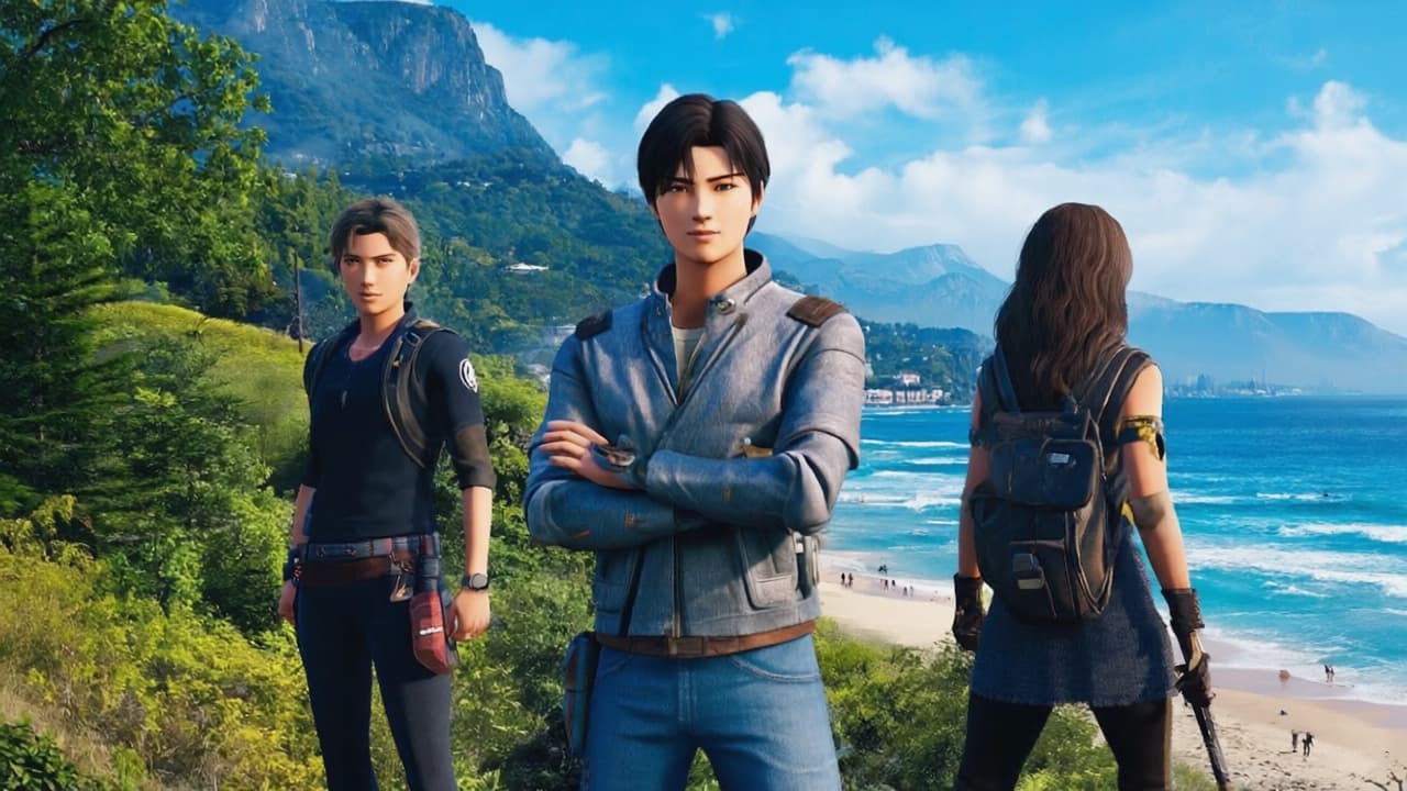 the same protagonist in three scenes — city, forest, beach — same face and outfit