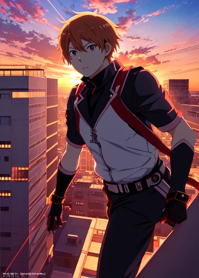 anime key visual, a young hero on a rooftop at sunset, dynamic composition, crisp lineart, studio quality