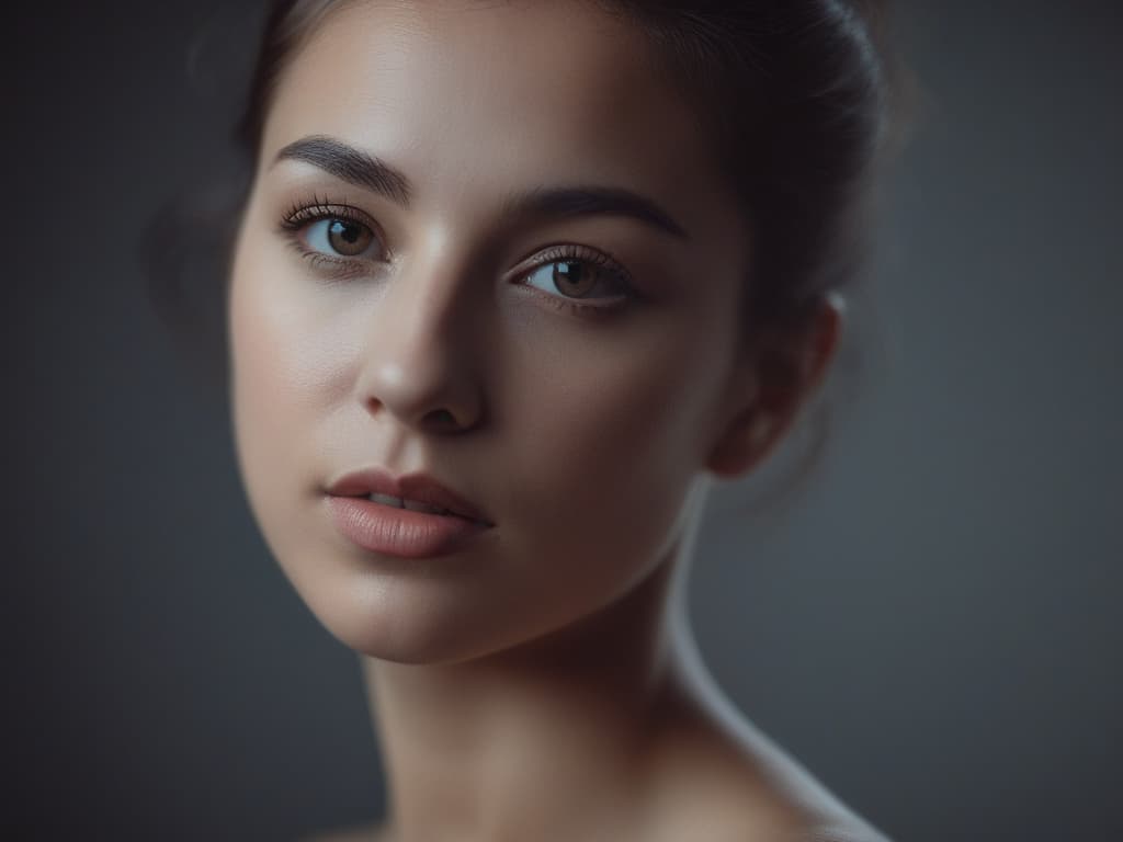 cinematic studio portrait of a woman, 85mm lens, soft rim lighting, flawless photoreal skin
