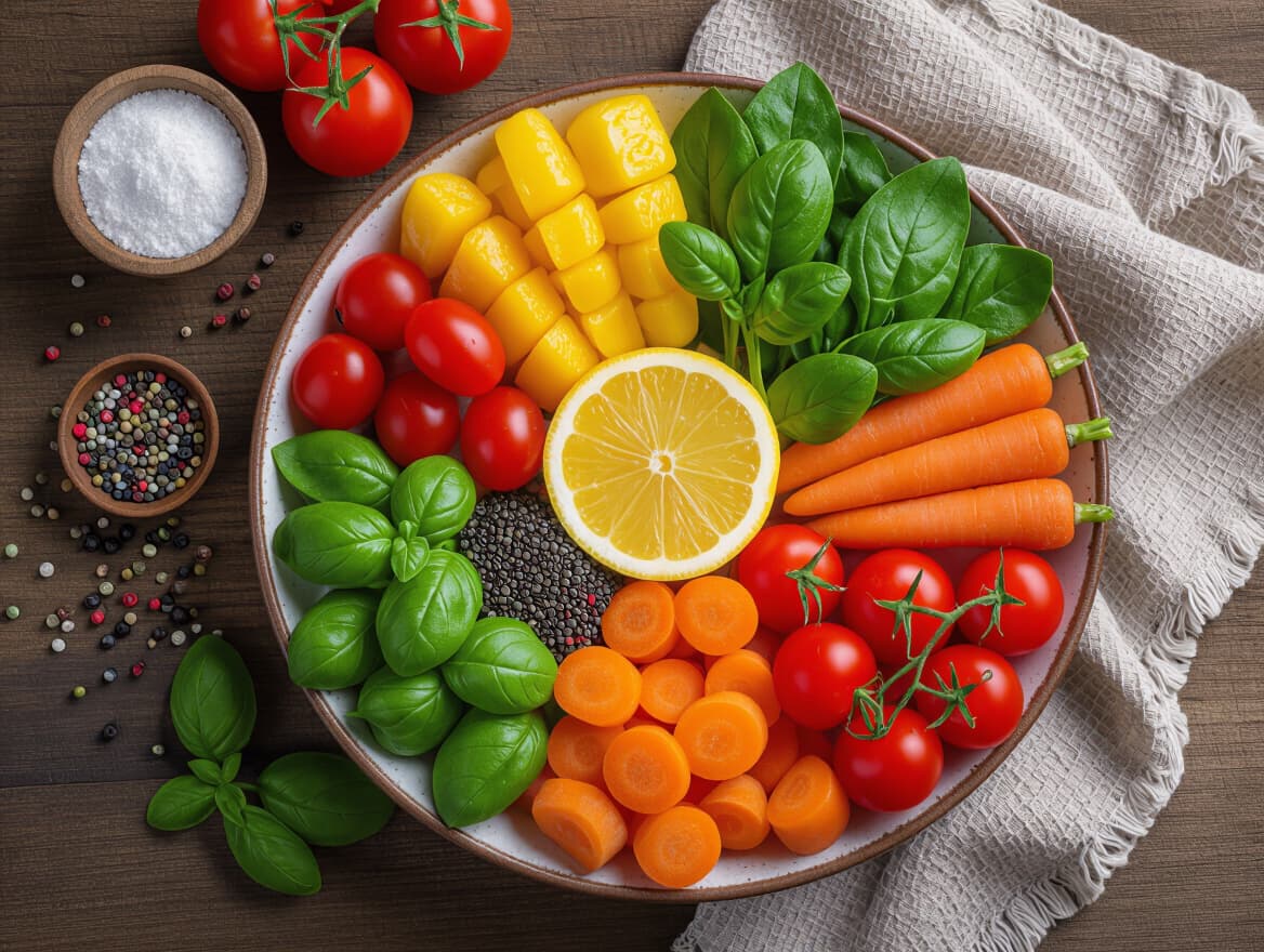 overhead food photography, vibrant fresh ingredients on a rustic table, natural light