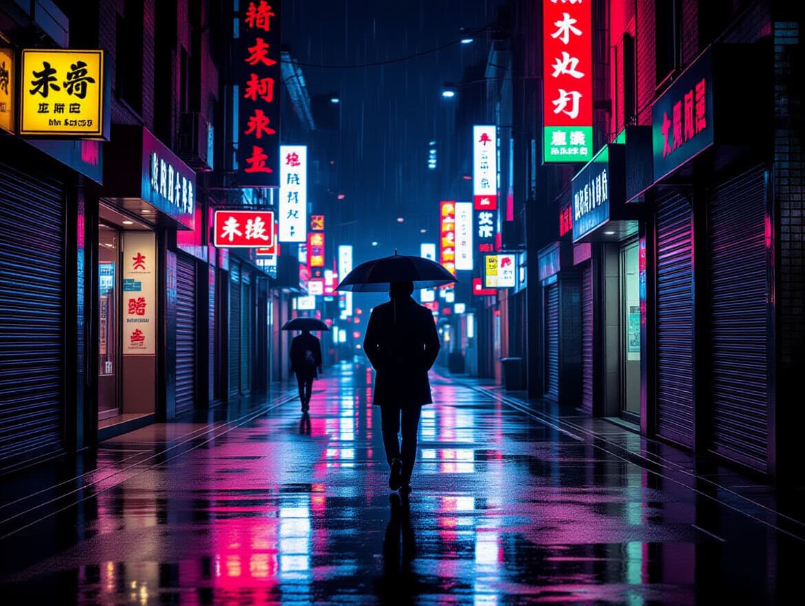 street photography, rain-slicked neon alley at night, cinematic, photoreal