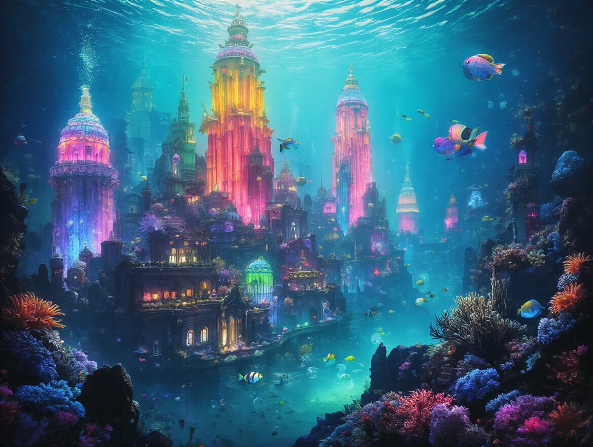 dreamlike underwater city with glowing coral towers, colorful fantasy art