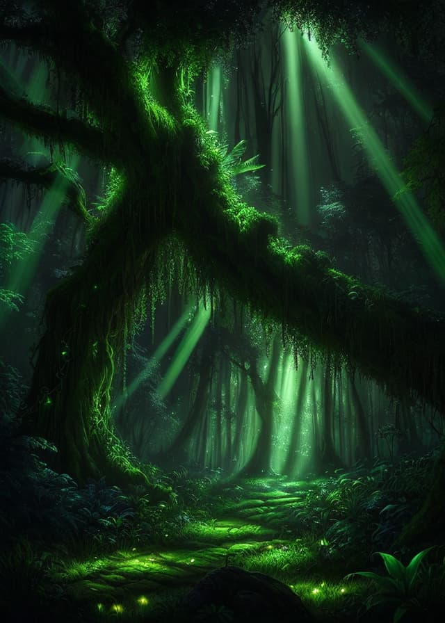 enchanted forest with bioluminescent plants and god rays, lush fantasy concept art