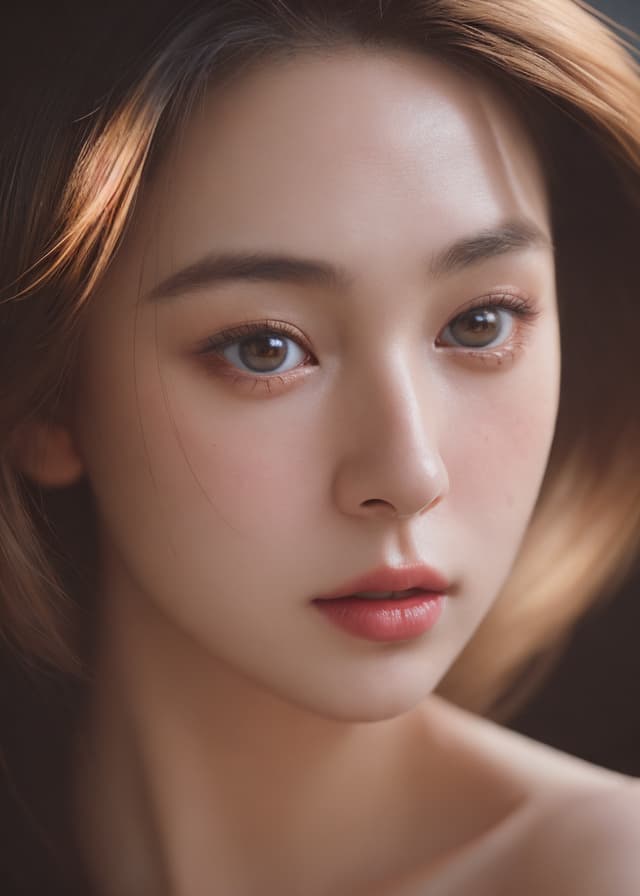 cinematic studio portrait of a woman, 85mm lens, soft rim lighting, flawless photoreal skin