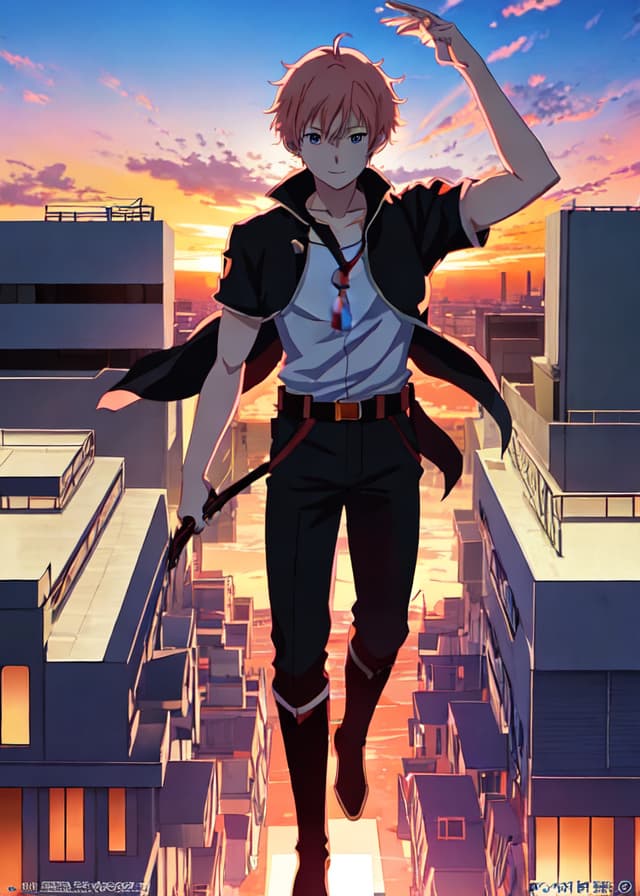 anime key visual, a young hero on a rooftop at sunset, dynamic composition, crisp lineart, studio quality