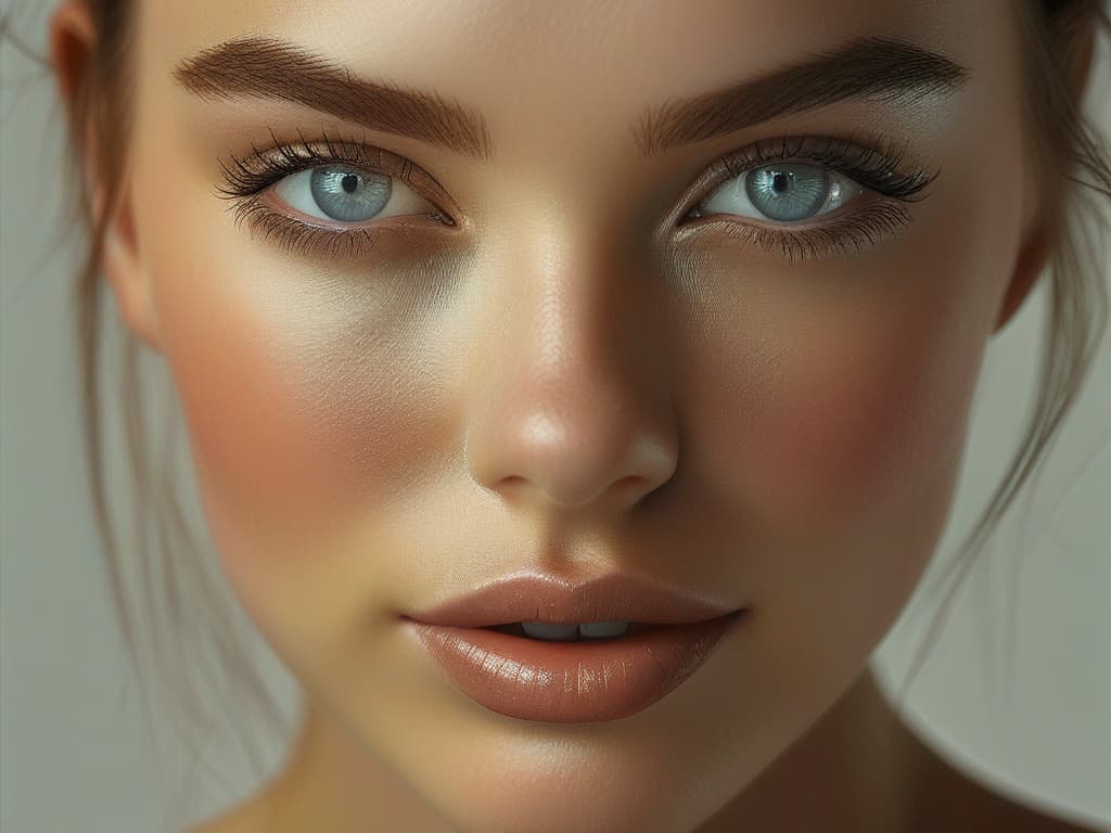 beauty portrait on a clean studio backdrop, soft even light, detailed eyes and skin texture