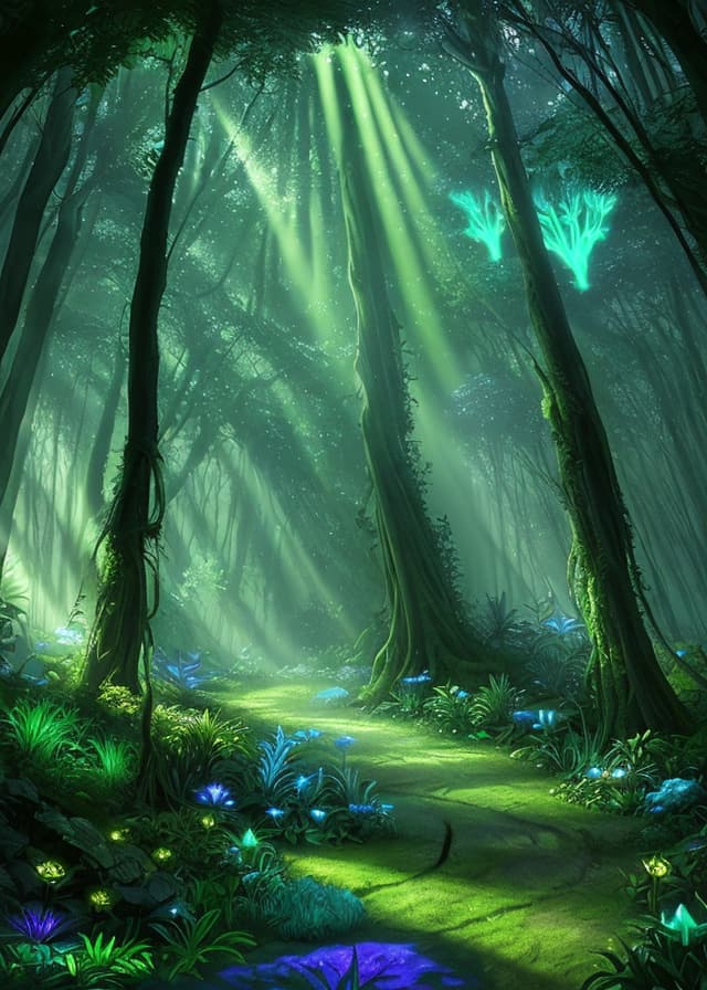 enchanted forest with bioluminescent plants and god rays, lush fantasy concept art