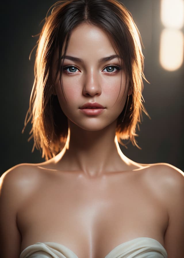 cinematic studio portrait of a woman, 85mm lens, soft rim lighting, flawless photoreal skin