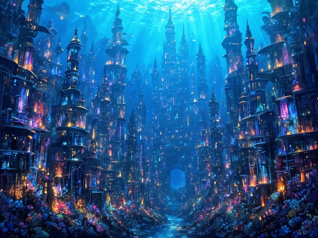 dreamlike underwater city with glowing coral towers, colorful fantasy art