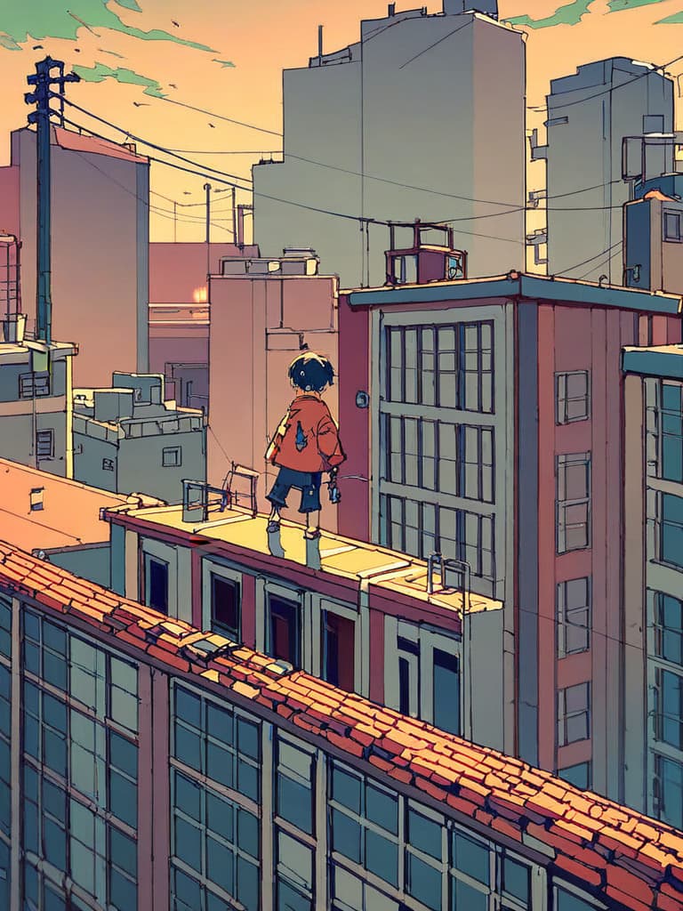 score_9, score_8_up, score_7_up, anime key visual, a young hero on a rooftop at sunset, dynamic composition, crisp lineart, studio quality
