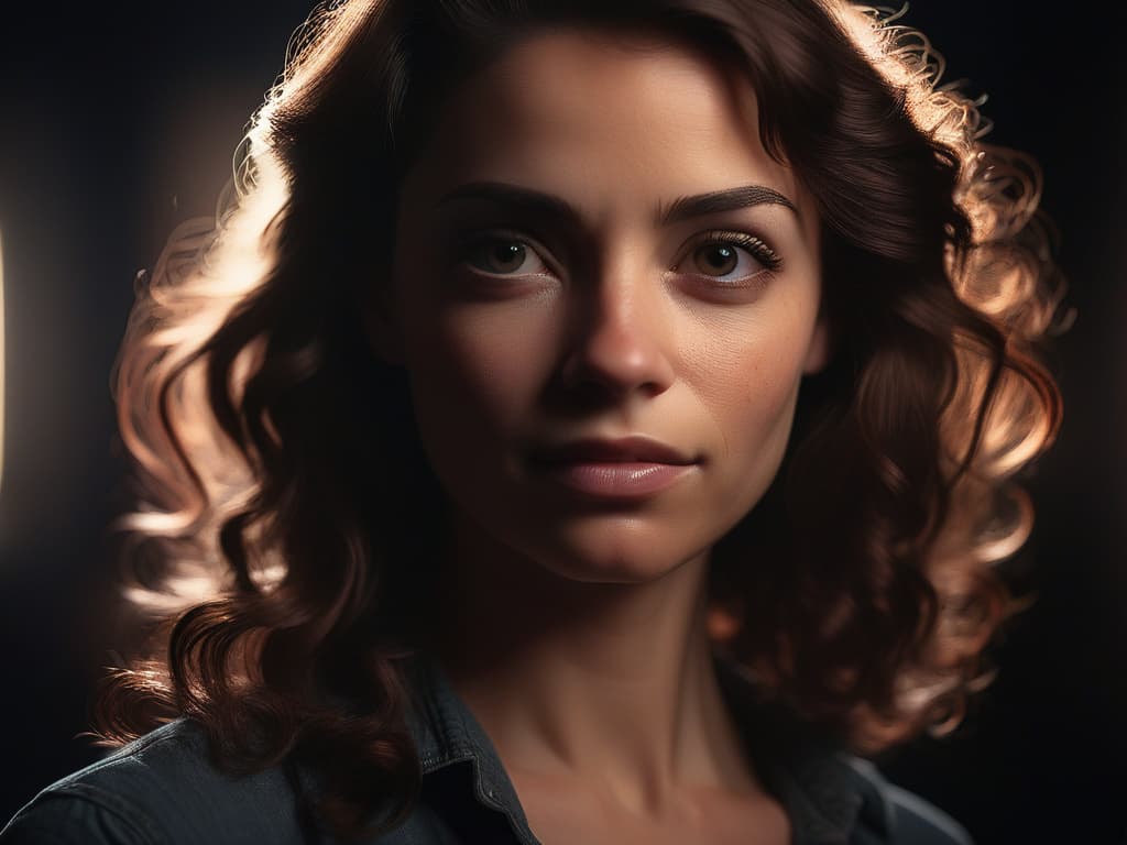 cinematic studio portrait of a woman, 85mm lens, soft rim lighting, flawless photoreal skin