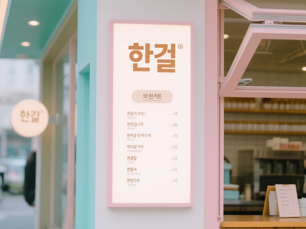 Korean cafe menu board with clean '한글' typography, pastel modern design