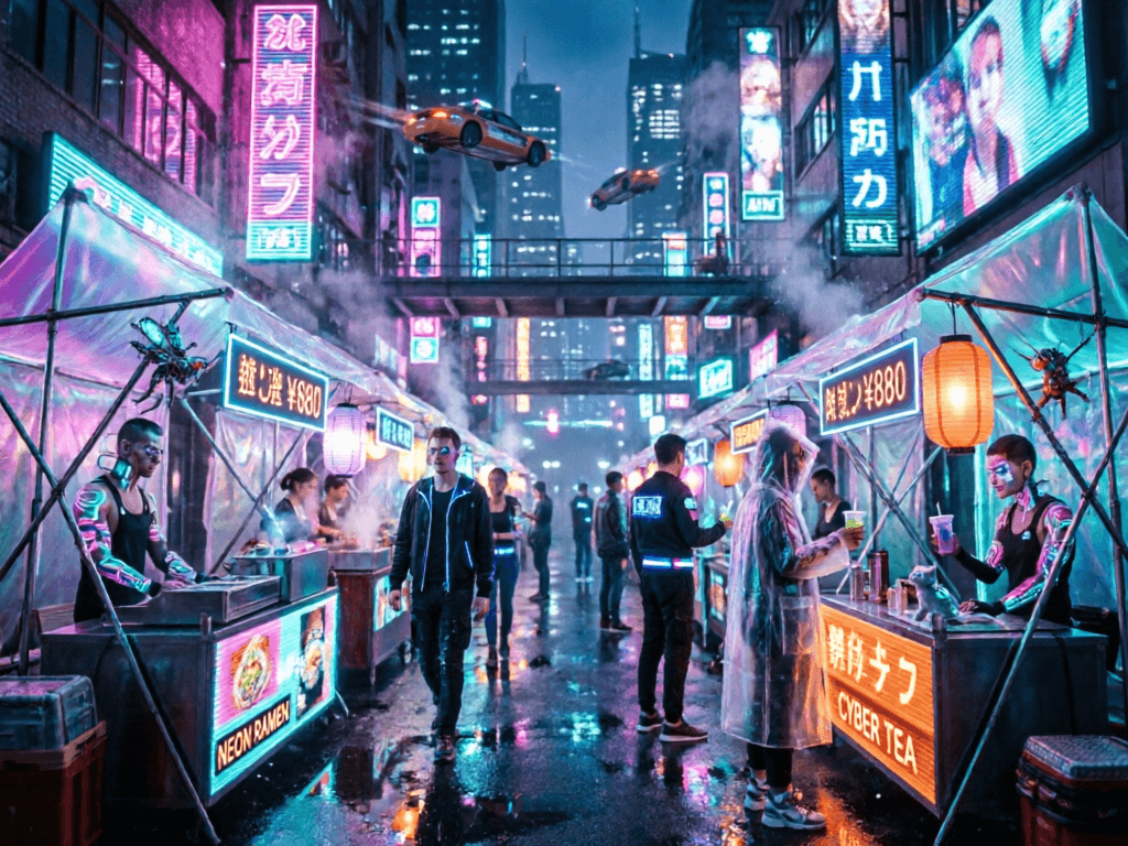 whimsical cyberpunk night market, rich neon detail, atmospheric, highly detailed