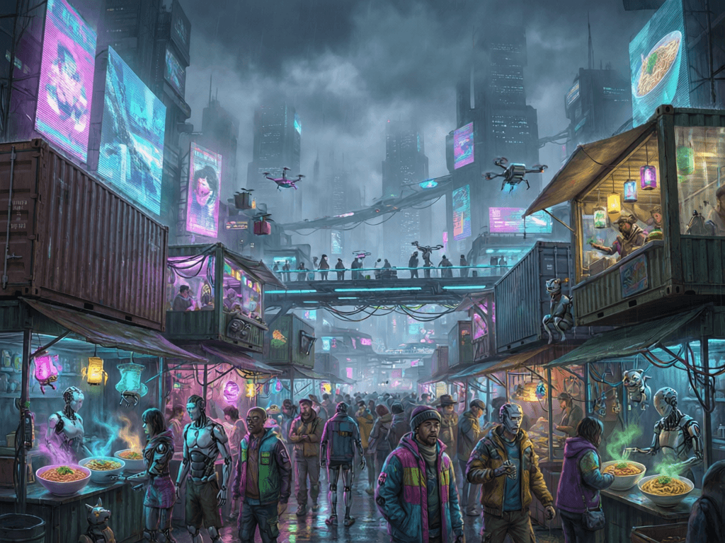 whimsical cyberpunk night market, rich neon detail, atmospheric, highly detailed