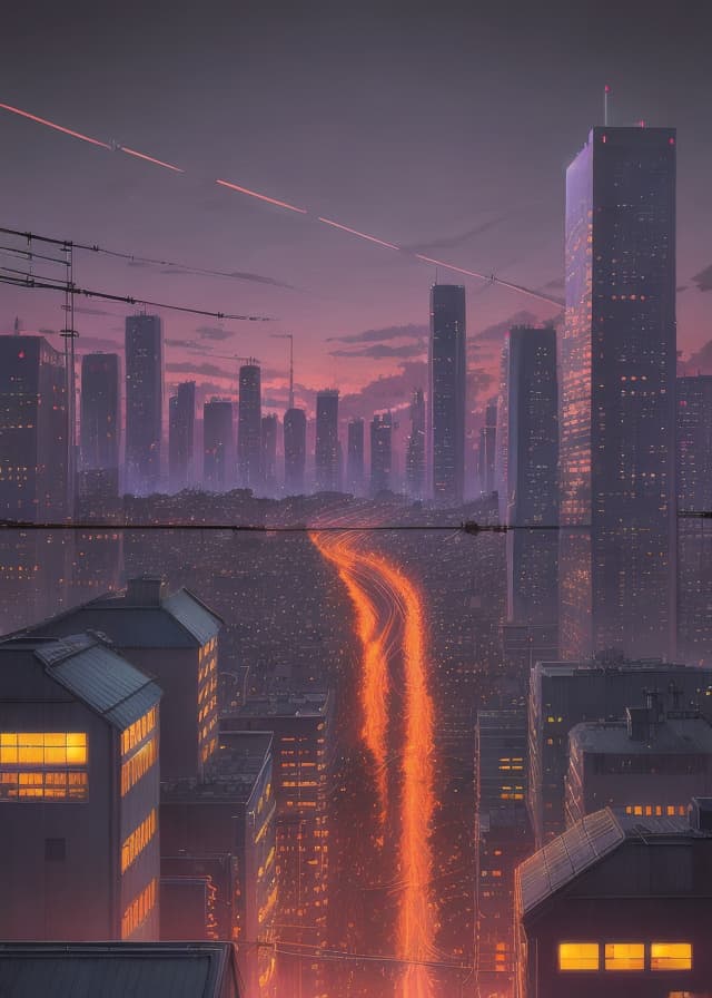 anime cityscape at dusk, glowing windows and train lines, atmospheric, detailed background
