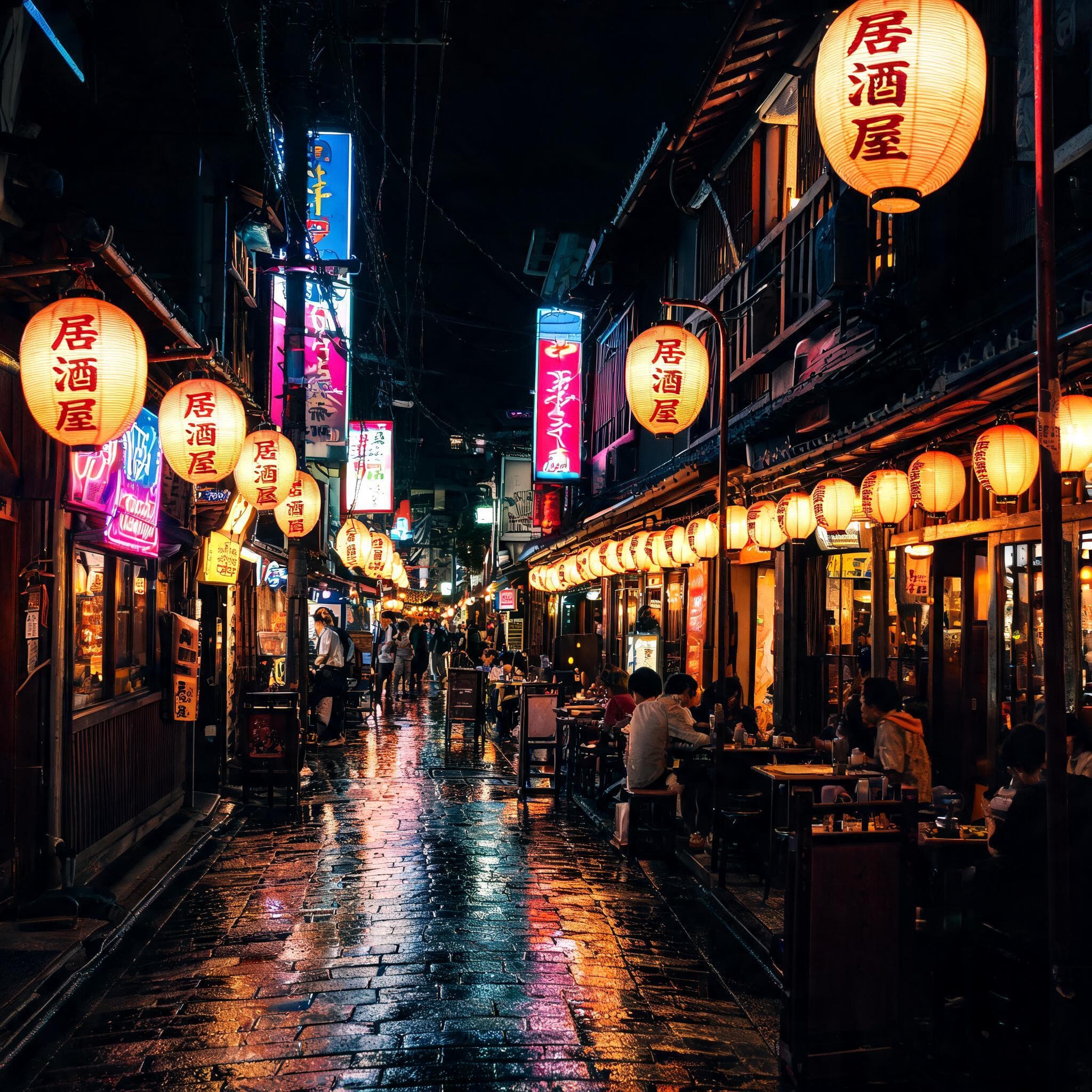 Japanese izakaya street at night, glowing '居酒屋' lanterns and signage, neon, cinematic