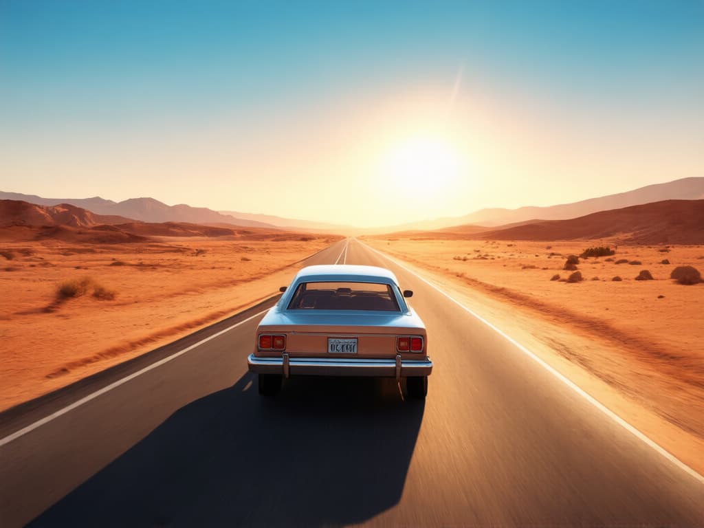 retro-futuristic desert highway at sunset, a lone car, cinematic sci-fi concept art