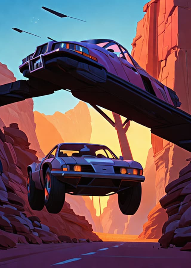 retro-futuristic desert highway at sunset, a lone car, cinematic sci-fi concept art