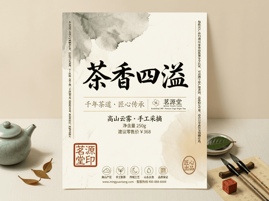 Chinese tea brand poster, elegant calligraphy headline '茶香四溢', minimal warm-toned layout
