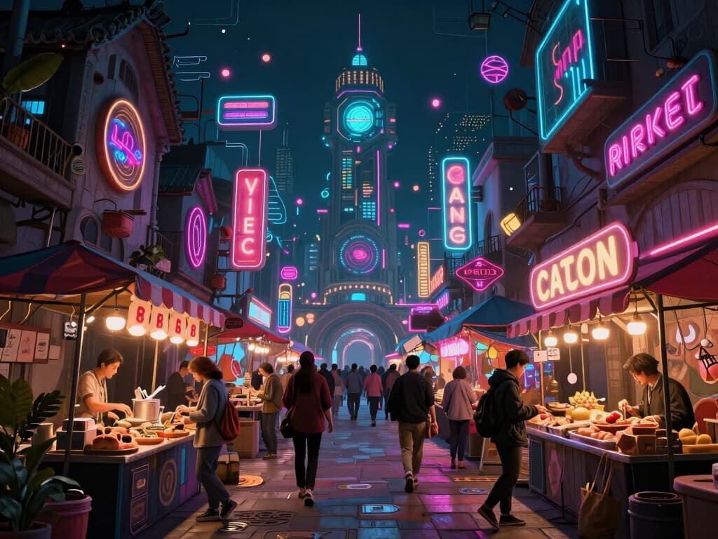 whimsical cyberpunk night market, rich neon detail, atmospheric, highly detailed