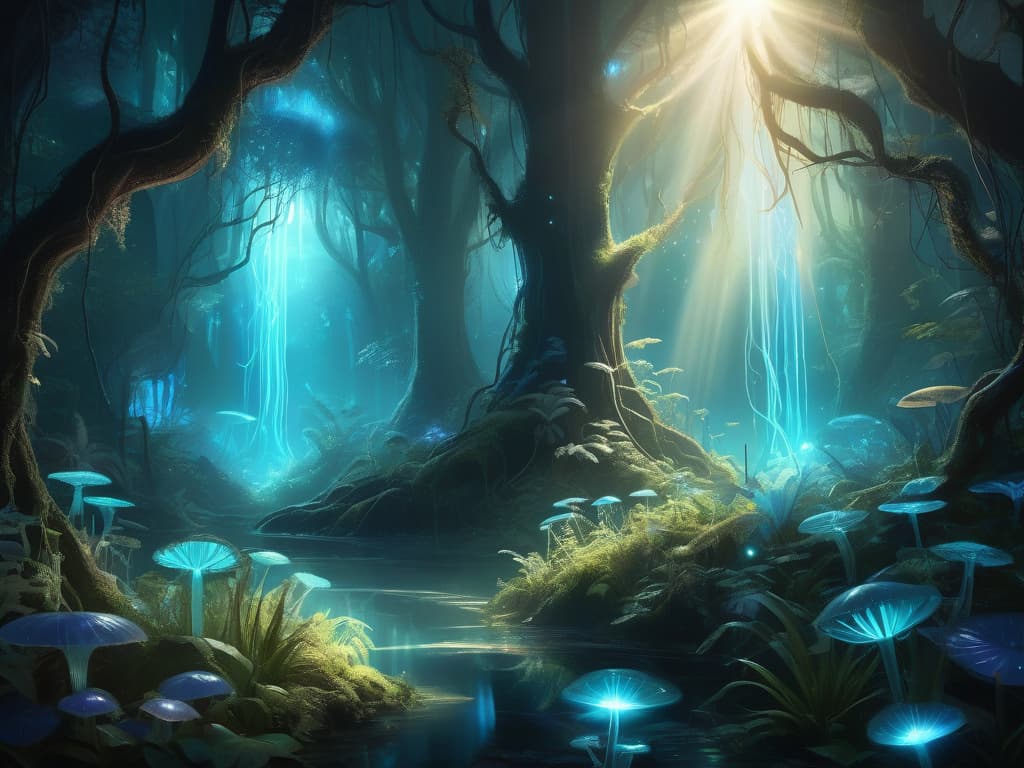 enchanted forest with bioluminescent plants and god rays, lush fantasy concept art