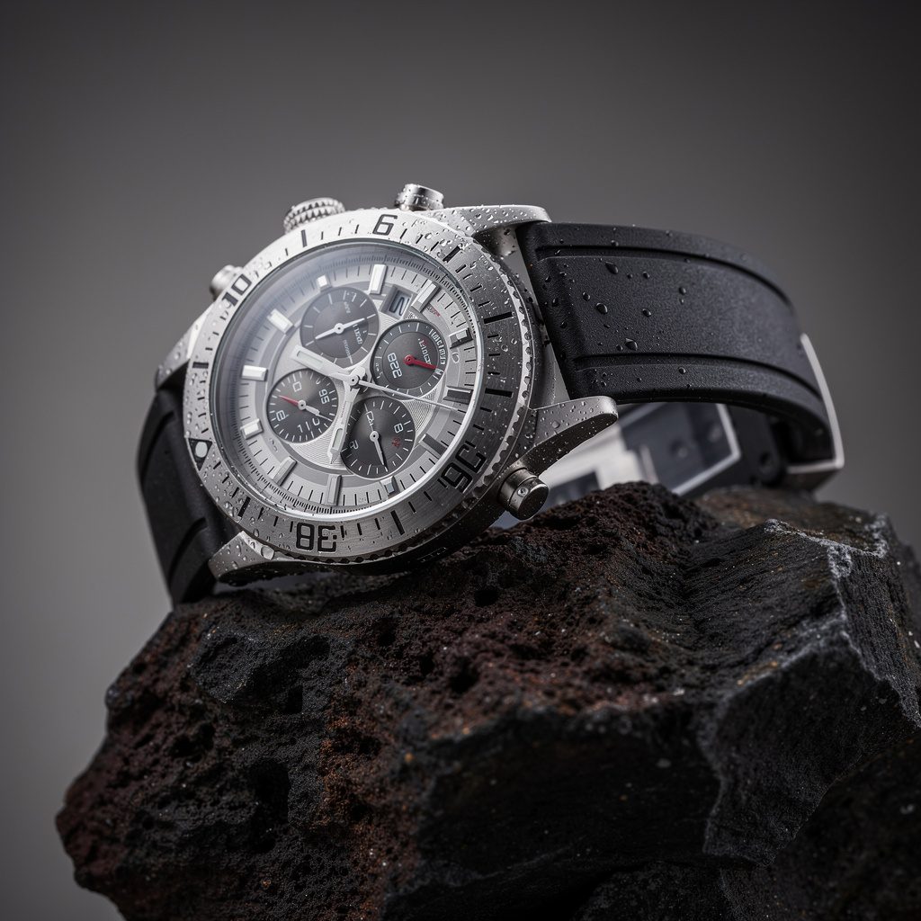Ultra-detailed luxury wristwatch product editorial, macro close-up on a brushed titanium chronograph watch resting on dark volcanic stone, sapphire crystal reflections, precisely machined bezel markings, visible texture on black rubber strap, subtle water droplets, dramatic studio lighting with soft rim light and controlled specular highlights, premium advertising photography, photorealistic, razor-sharp focus on the watch face, shallow depth of field, elegant negative space for magazine layout, neutral charcoal background, high contrast, refined color grading, extremely realistic materials, no extra objects, no text, no logos