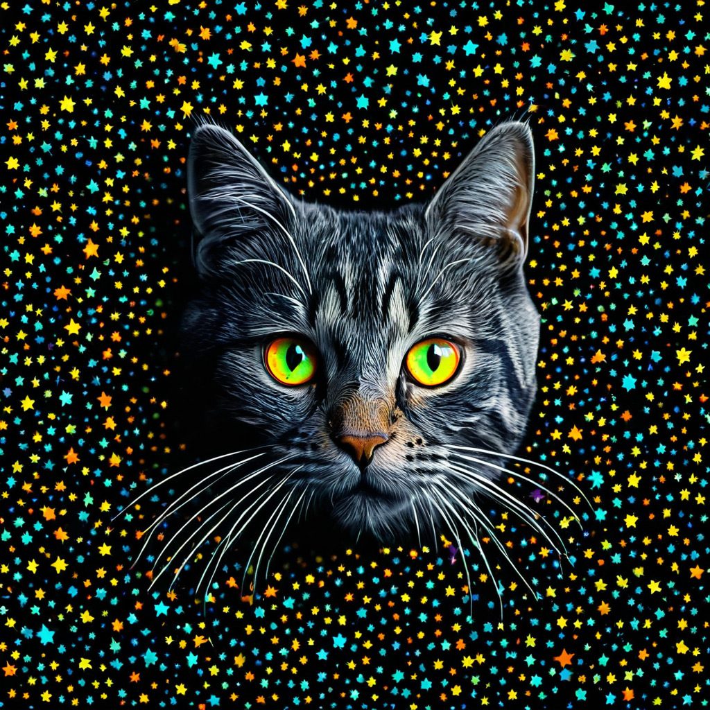 a colored striped cat, big glowing eyes, stars planets, very aggressive, black wall, motion-illusion, colorful