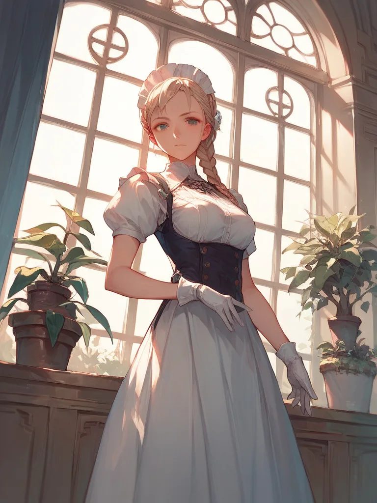 score_9, score_8_up, score_7_up, score_6_up, source_anime, 1girl, original stern maid captain with a long silver braid, black and ivory uniform, standing in a sunlit conservatory, one hand adjusting a glove, potted plants, tall window, strong dutch angle, looking at viewer, crisp character illustration