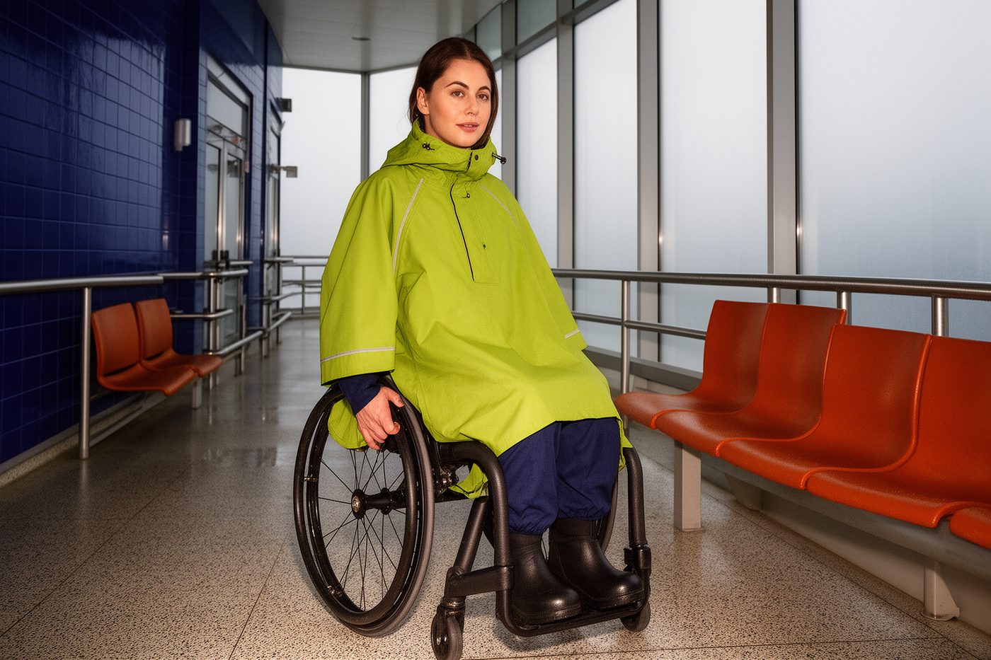 Create a finished landscape fashion lookbook photograph for an adaptive outerwear catalog. Use reference image 1 as the authoritative source for the model's identity, natural seated posture, exact chartreuse rain cape, navy trousers, boots and matte-black manual wheelchair; preserve the garment's construction, proportions, reflective piping and adaptive openings without redesigning them. Use reference image 2 as the authoritative source for the ferry-terminal environment and visual treatment: cobalt ceramic tiles, fogged windows, aluminum railings, orange benches, wet terrazzo, cool overcast daylight, restrained direct flash and subtle medium-format grain. Place the model moving diagonally through the terminal with one hand lightly on the push rim, cape falling naturally around the seated body. Three-quarter full-body view with the entire wheelchair and outfit visible, camera at seated eye level, generous architectural space across the 3:2 landscape frame. Crisp catalog-level textile detail, realistic skin, believable wheelchair mechanics, practical yet elevated mood, cobalt, chartreuse, orange and gray palette. Standalone photograph with no typography, logos, signage or layout graphics.