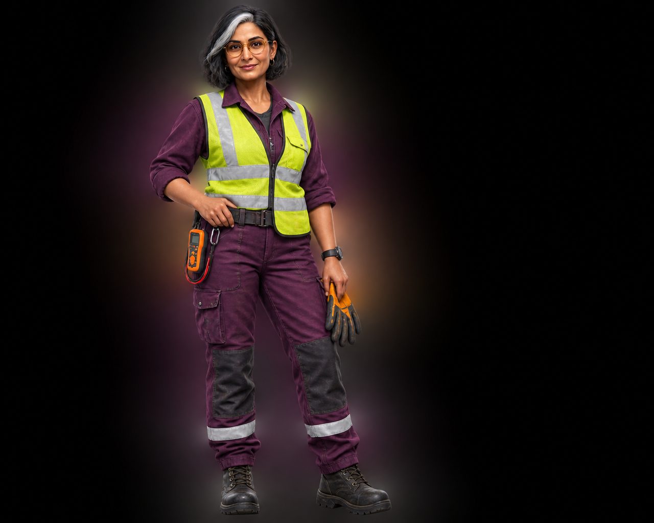 Create a polished full-body character portrait of Mara Singh, a fictional veteran railway signal technician and recurring vocational-training persona. She is a sturdy 52-year-old South Asian woman with a heart-shaped face, warm brown skin, dark brown eyes, a small notch in her left eyebrow, and a chin-length black bob with a prominent silver streak over her right temple. She wears round amber safety glasses, deep aubergine work coveralls, a fitted chartreuse high-visibility vest with silver reflective bands, black steel-toe boots, and a compact orange signal-circuit tester clipped at her hip. No logos, lettering, badges, or brand marks. Confident but approachable expression, relaxed three-quarter stance, one hand resting near her tool belt and the other holding a pair of insulated work gloves. Premium stylized 3D editorial character design with tactile woven fabrics, subtly simplified proportions, realistic facial detail, restrained clay-like modeling, and soft studio-quality illumination. Preserve these distinctive identity and wardrobe details as a clear repeatable character specification. One subject only, completely isolated on a genuinely transparent background, clean production-ready silhouette, crisp edges around hair and clothing, no environment, no backdrop, no floor, no platform, no shadow, no props beyond her wearable tools and gloves. Landscape composition with the full figure centered slightly left, occupying about 82 percent of the canvas height, with generous transparent breathing room on the right for flexible training-layout use.