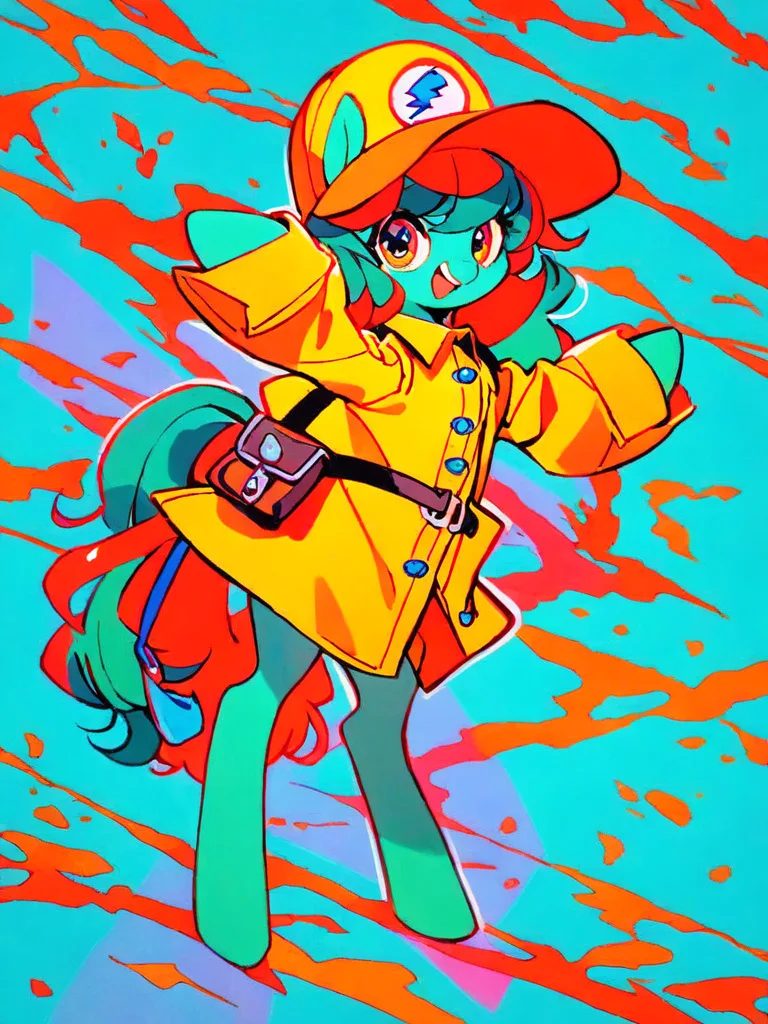 score_9, score_8_up, score_7_up, score_6_up, source_cartoon, cute full-body pony courier, chestnut coat, teal mane, oversized yellow raincoat, leather mailbag, trotting through puddles, cheerful expression, simple pale-blue background, clean silhouette, polished character illustration