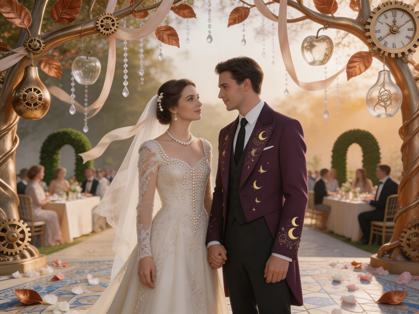 An elaborate wedding portrait in a fantastical clockwork orchard, a poised couple standing beneath fruit trees whose branches are made of polished brass, copper leaves, and tiny rotating gears. The bride wears an ivory gown with pearl beadwork and structured sleeves, the groom wears a deep plum formal coat with embroidered celestial motifs. Around them hang mechanical pears, glass apples with visible filigree cores, and delicate ribbon streamers caught in a gentle breeze. In the background, guests sit at long pale-wood tables arranged between topiary arches and suspended strings of crystal droplets. The ground is patterned with fallen petals, metallic leaves, and mosaic tiles. Warm late-afternoon light, refined cinematic composition, elegant symmetry with subtle asymmetry in the foliage, high detail in fabrics, jewelry, reflective metal, and facial features, whimsical luxury, romantic but slightly surreal, premium editorial photography mixed with storybook grandeur.