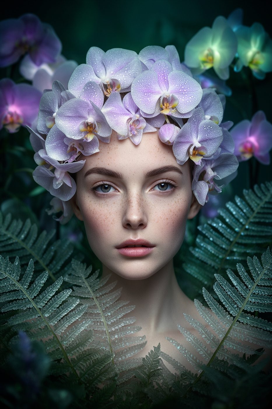 An ultra-detailed surreal editorial portrait of a serene woman emerging from a garden of bioluminescent orchids and translucent ferns, delicate petals woven into her hair like a couture headdress, porcelain skin with subtle freckles, iridescent dew droplets, cinematic soft rim lighting, moody emerald and violet color palette, shallow depth of field, fine botanical textures, elegant composition, high-fashion magazine aesthetic, dreamlike atmosphere, crisp facial features, richly layered background, premium studio quality