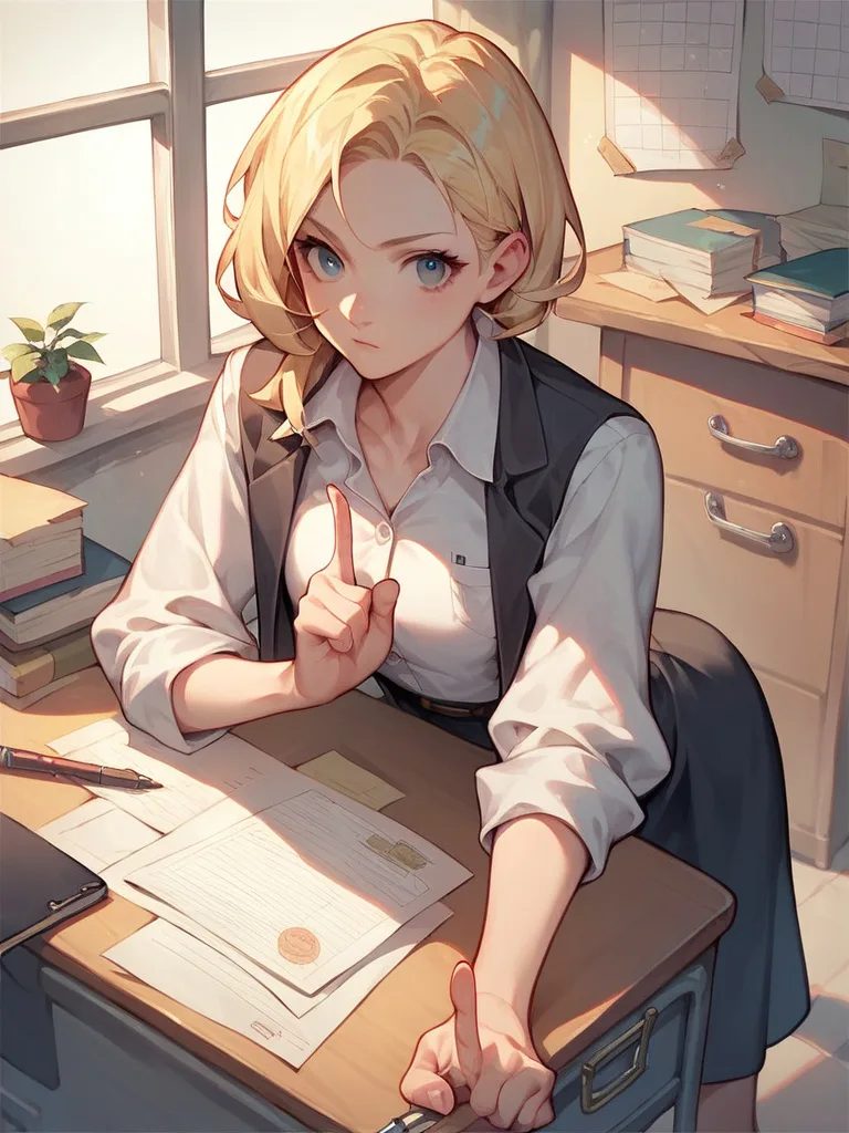 score_9, score_8_up, score_7_up, score_6_up, source_anime, 1girl, original blonde detective leaning over a sunlit investigation desk, one finger pointing to a marked location on a large paper map, notebook and evidence photos arranged nearby, focused expression, rolled white shirt sleeves and dark waistcoat, open office window, warm afternoon light, cinematic medium shot