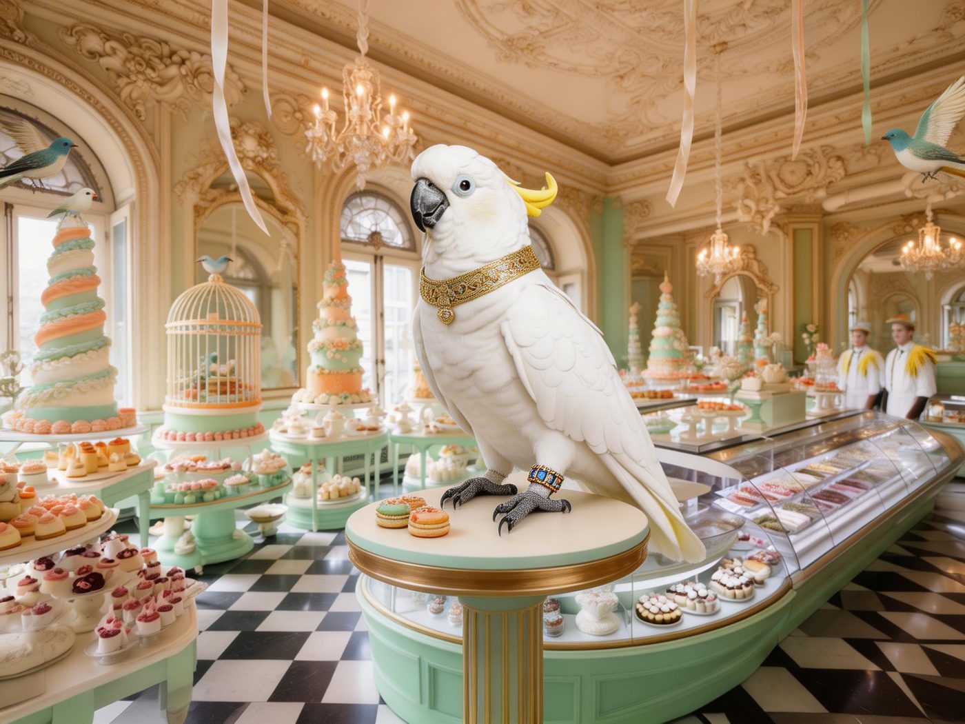Using both reference images, create a fantastical confection salon where the cockatoo becomes the regal host of the space. Preserve the bird's distinctive crest, beak shape, and elegant stance from the first reference, and merge it naturally into the ornate pastry interior language of the second reference. Scene: a lavish dessert showroom filled with porcelain bird motifs, spiral meringue columns, suspended sugar ribbons, apricot and pale jade color harmonies, polished tiled floor, mirrored display cases, tiny marzipan sculptures, elaborate frosted cakes shaped like aviaries, and staff uniforms inspired by feather patterns. The cockatoo stands prominently atop a circular tasting podium as the focal subject, wearing a miniature embroidered collar and jeweled leg band. Highly detailed textures, graceful symmetry, premium editorial photography look, bright diffused indoor illumination, playful sophistication, sharp focus, rich depth, visually coherent blend of both references.